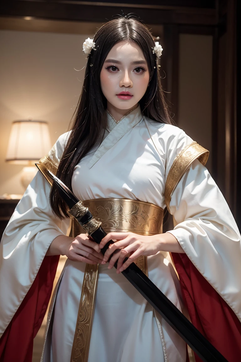 A girl, wearing hanfu, holding a sword, (negative space:1.2), gold and white and red hue, white background, (Cinematic lighting, ethereal light, intricate details, extremely detailed, incredible details, full colored), complex details, hyper maximalist, gorgeous light and shadow, detailed decoration, detailed lines. masterpiece, best quality, HDR, UHD, unreal engine. looking at the camera, fair skin, beautiful face,gongbi style,swordup