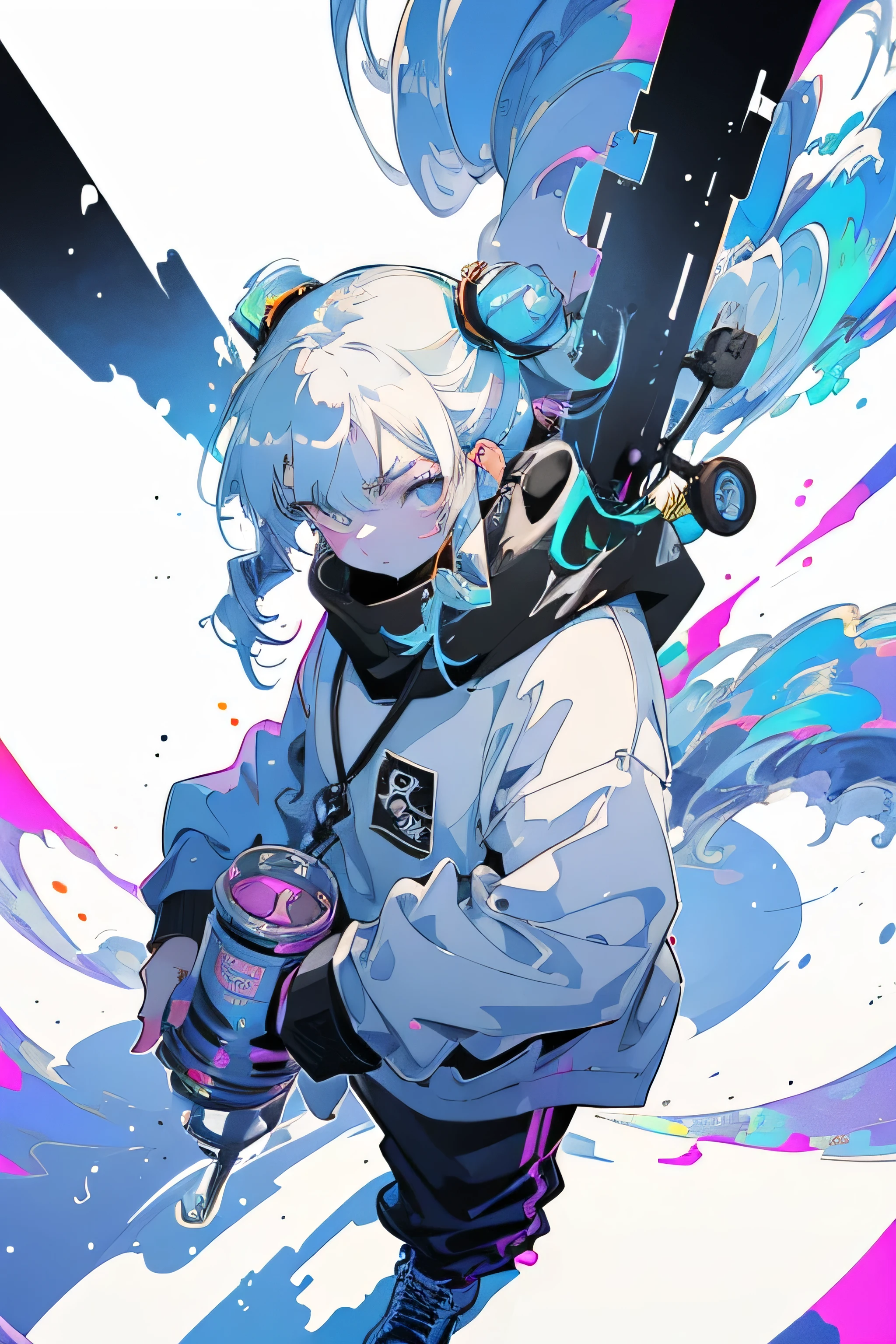 (zero), Highest quality,Pixiv, Fairytale Style, , From above, Face masks, drill hip hop, graffiti、simple, trap, Beautiful Face, Woman with a spray can, Underground, Lo-fi hip hop , dark,retrospective, flat, 2.5D ,Line art, Digital ink drawing, Big incline, watercolor, Studio Ghibli style, amazing colors, Out turn, Arte zero,90s Style,Old Texture, amplitude,90s vibe, Master Parts,