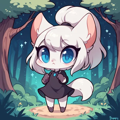 little fox, female, white hair, silver fur, blue eyes, cute kid, , alone, kid , white hair, cute, chibi, black dress, night fore...