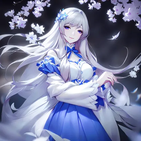 anime girl with long white hair and blue dress with white flowers, violet eyes, smile., detailed fanart, [ artedigital 4k ]!!, h...