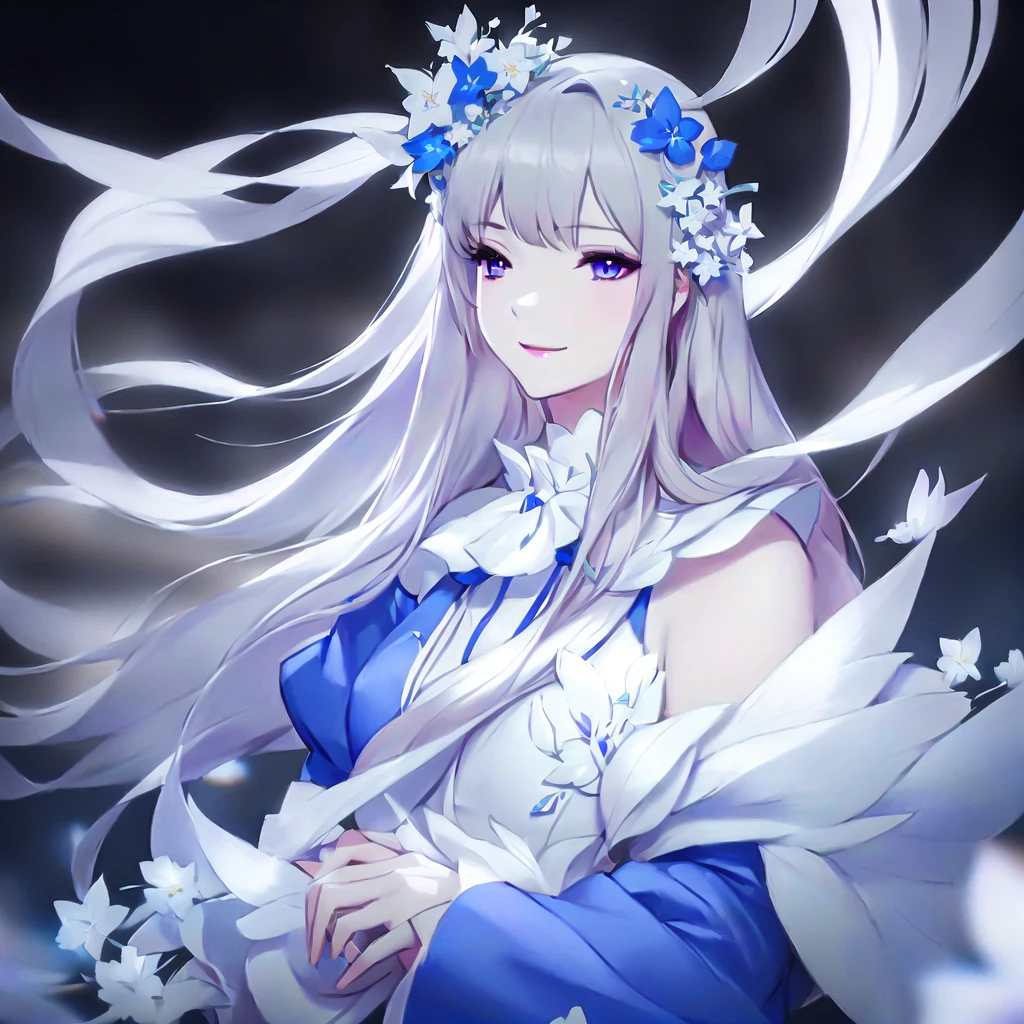 Anime girl with long white hair and blue dress with white flowers, violet eyes, smile., detailed fanart, [ Artedigital 4K ]!!, highly detailed exquisite fanart, Digital art on Pixiv, detailed digital animated art, 8K high quality detailed art, digital animated art, guweiz style artwork, made with anime painter studio, ! dream art germ, fanart best art station