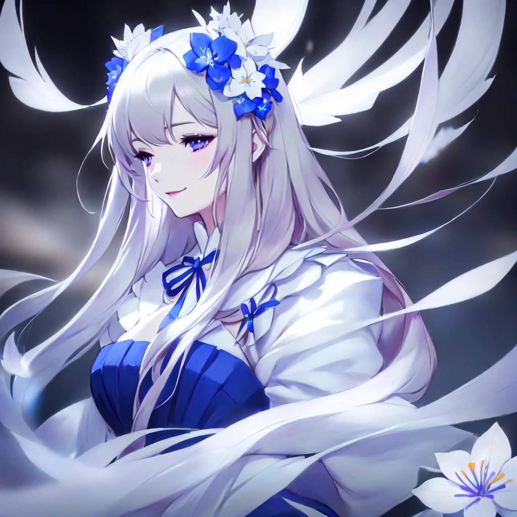 Anime girl with long white hair and blue dress with white flowers, violet eyes, smile., detailed fanart, [ Artedigital 4K ]!!, highly detailed exquisite fanart, Digital art on Pixiv, detailed digital animated art, 8K high quality detailed art, digital animated art, guweiz style artwork, made with anime painter studio, ! dream art germ, fanart best art station