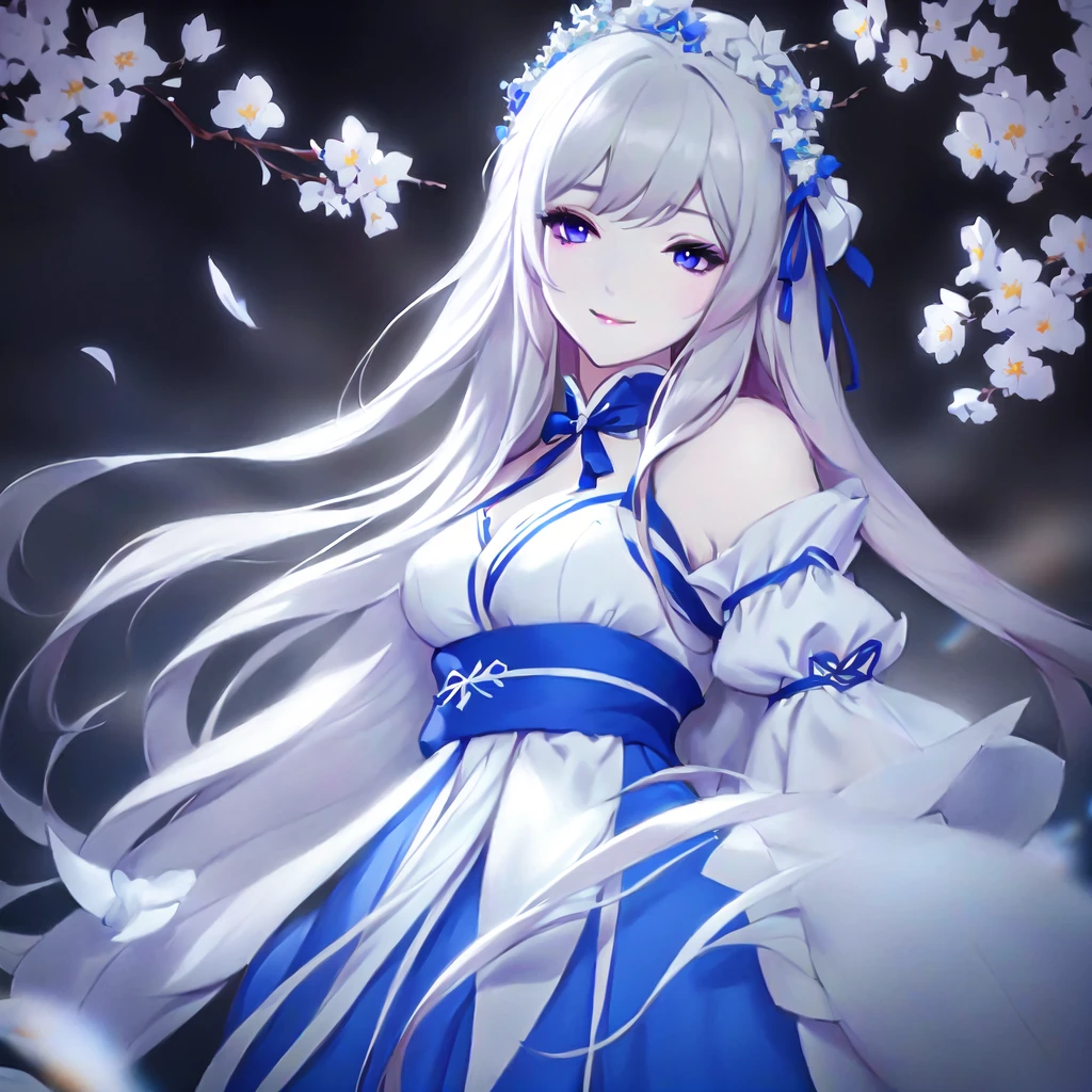 Anime girl with long white hair and blue dress with white flowers, violet eyes, smile., detailed fanart, [ Artedigital 4K ]!!, highly detailed exquisite fanart, Digital art on Pixiv, detailed digital animated art, 8K high quality detailed art, digital animated art, guweiz style artwork, made with anime painter studio, ! dream art germ, fanart best art station