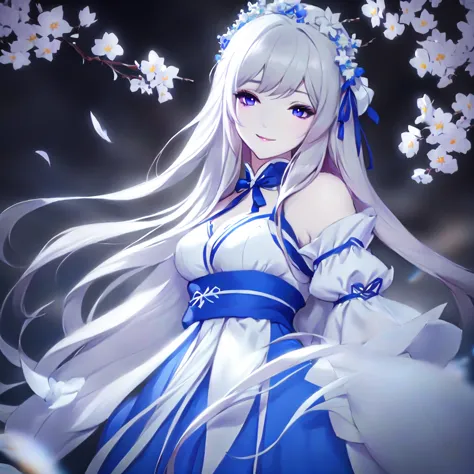 anime girl with long white hair and blue dress with white flowers, violet eyes, smile., detailed fanart, [ artedigital 4k ]!!, h...