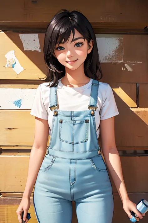 highest quality　high resolution　simple　white overalls work clothes　a woman holding a paint can and a brush　there is a little pai...