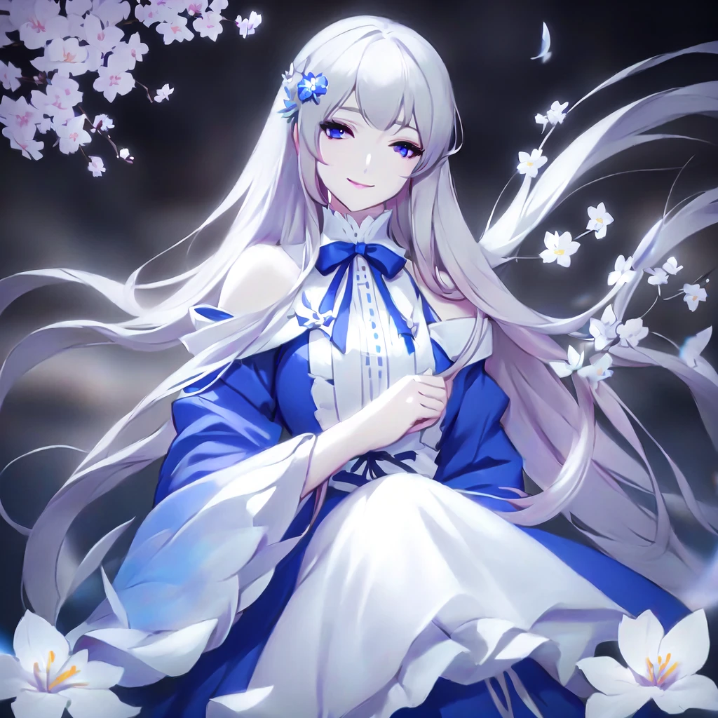 Anime girl with long white hair and blue dress with white flowers, violet eyes, smile., detailed fanart, [ Artedigital 4K ]!!, highly detailed exquisite fanart, Digital art on Pixiv, detailed digital animated art, 8K high quality detailed art, digital animated art, guweiz style artwork, made with anime painter studio, ! dream art germ, fanart best art station