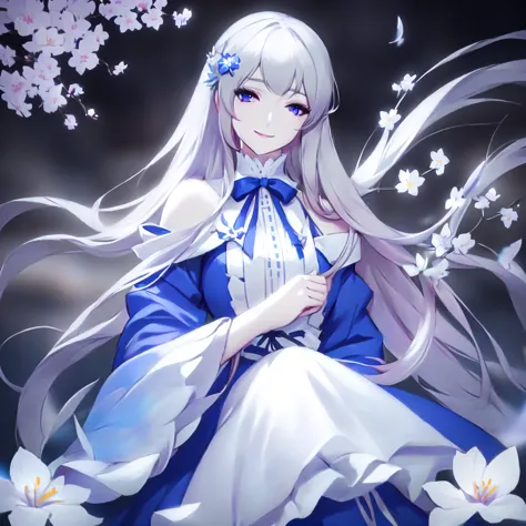 anime girl with long white hair and blue dress with white flowers, violet eyes, smile., detailed fanart, [ artedigital 4k ]!!, h...