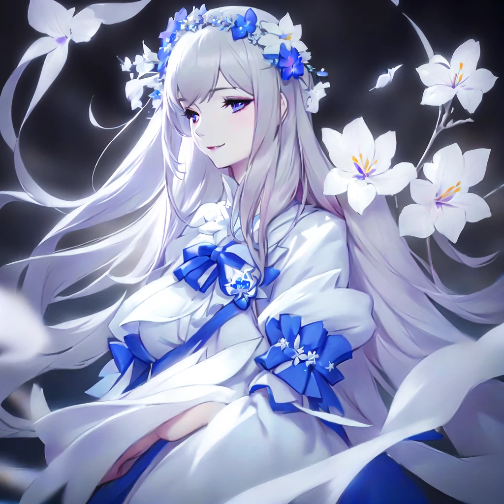 Anime girl with long white hair and blue dress with white flowers, violet eyes, smile., detailed fanart, [ Artedigital 4K ]!!, highly detailed exquisite fanart, Digital art on Pixiv, detailed digital animated art, 8K high quality detailed art, digital animated art, guweiz style artwork, made with anime painter studio, ! dream art germ, fanart best art station