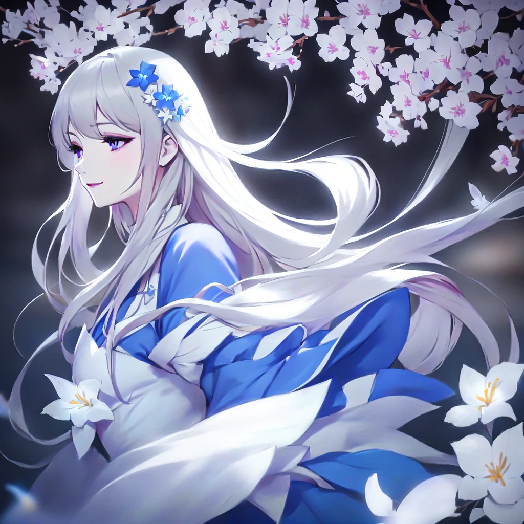 Anime girl with long white hair and blue dress with white flowers, violet eyes, smile., detailed fanart, [ Artedigital 4K ]!!, highly detailed exquisite fanart, Digital art on Pixiv, detailed digital animated art, 8K high quality detailed art, digital animated art, guweiz style artwork, made with anime painter studio, ! dream art germ, fanart best art station