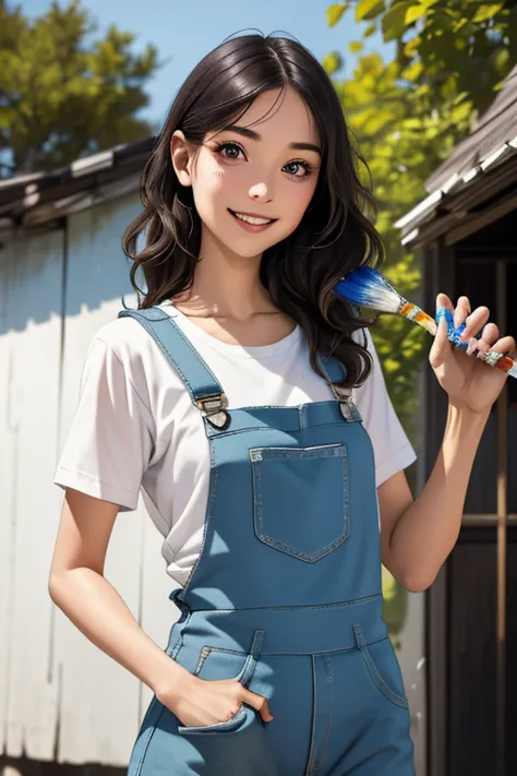 highest quality　high resolution　simple　white overalls work clothes　a woman holding a paint can and a brush　there is a little pai...