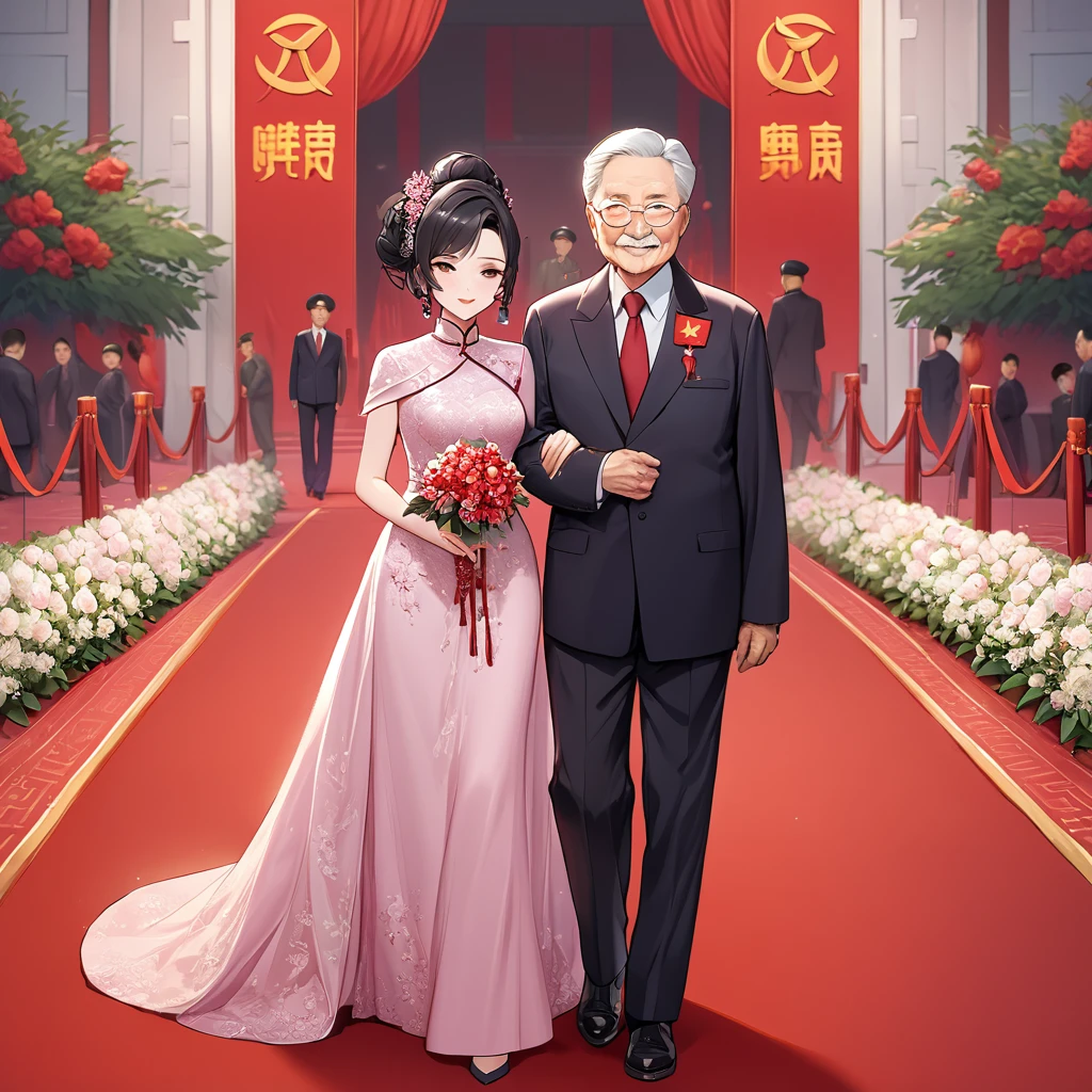 ((Highest quality)), ((masterpiece)), (detailed), （Perfect Face）、The woman is a Chinese woman named Kocho Shinobu.。, Purple gradient bob black hair and formal evening hairstyles. She is wearing an engagement ring. She is a prominent member of the Chinese Communist Party.、She is the wife of a great old Communist Party official.、The woman is beautifully dressed in a gorgeous and glamorous red wedding dress typical of the Chinese Communist Party.、She walked side by side with a dignified elderly Communist Party official down the red carpet aisle in a loving wedding ceremony.。A loving Chinese Communist couple