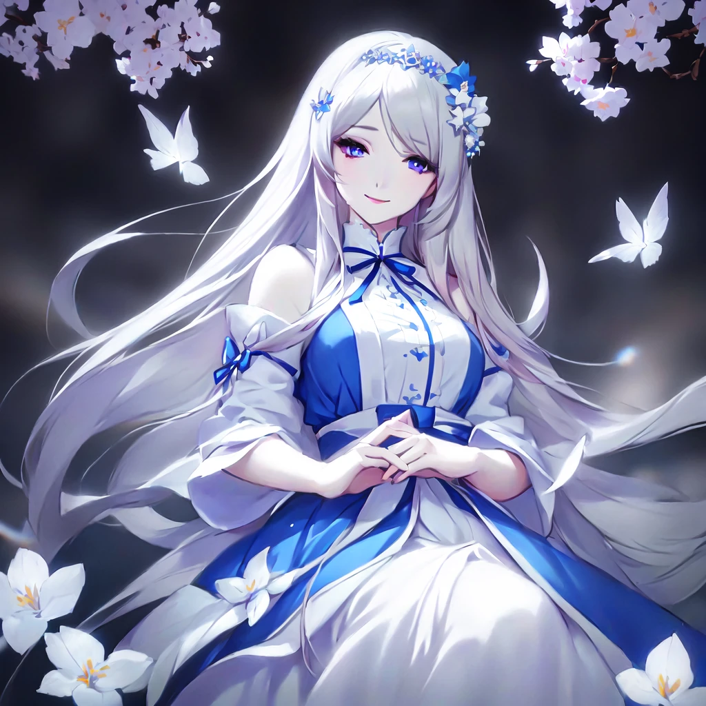 Anime girl with long white hair and blue dress with white flowers, violet eyes, smile., detailed fanart, [ Artedigital 4K ]!!, highly detailed exquisite fanart, Digital art on Pixiv, detailed digital animated art, 8K high quality detailed art, digital animated art, guweiz style artwork, made with anime painter studio, ! dream art germ, fanart best art station