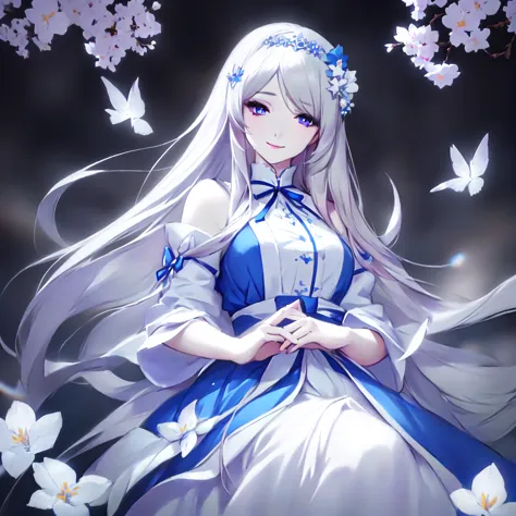 anime girl with long white hair and blue dress with white flowers, violet eyes, smile., detailed fanart, [ artedigital 4k ]!!, h...