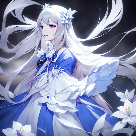 anime girl with long white hair and blue dress with white flowers, violet eyes, smile., detailed fanart, [ artedigital 4k ]!!, h...