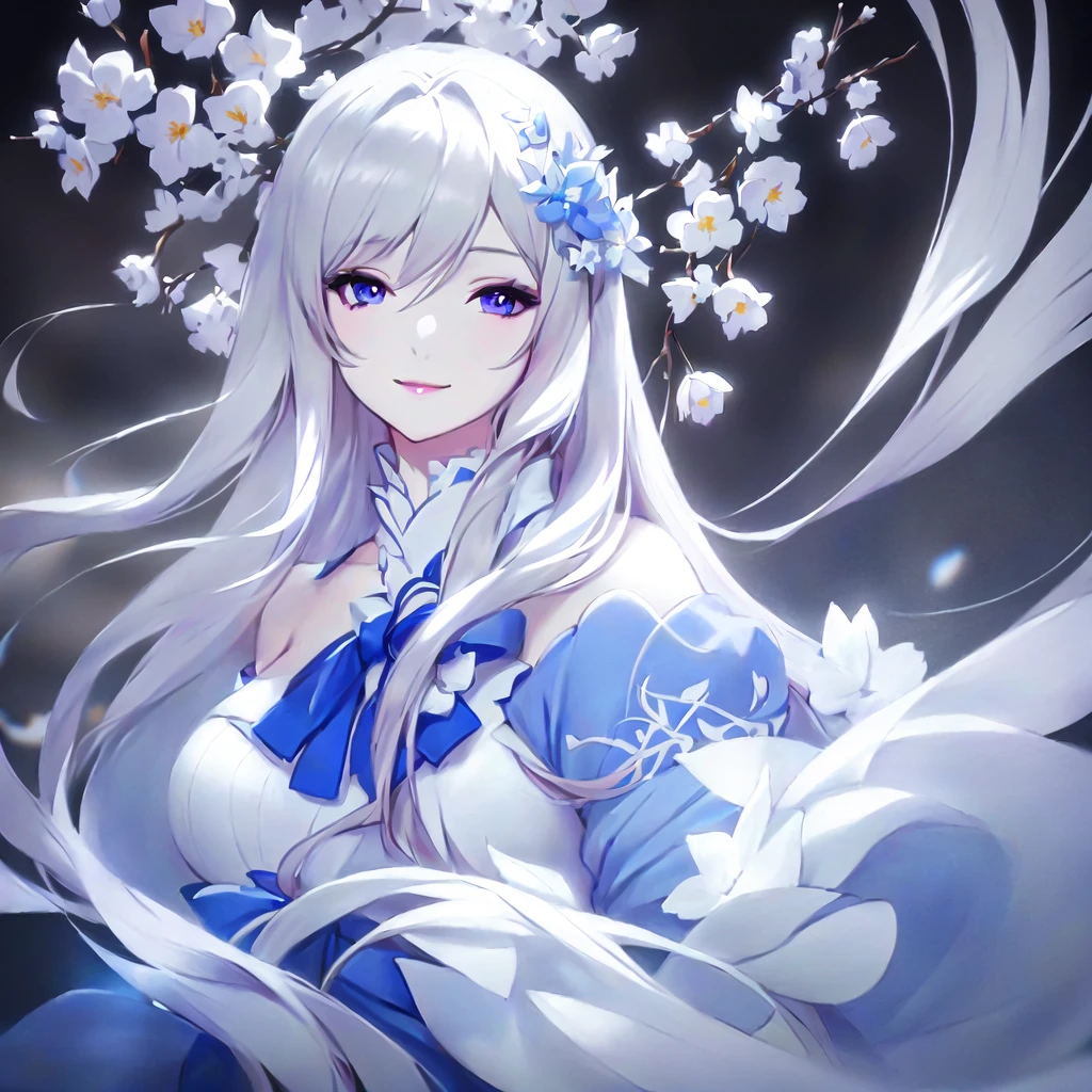 Anime girl with long white hair and blue dress with white flowers, violet eyes, smile., detailed fanart, [ Artedigital 4K ]!!, highly detailed exquisite fanart, Digital art on Pixiv, detailed digital animated art, 8K high quality detailed art, digital animated art, guweiz style artwork, made with anime painter studio, ! dream art germ, fanart best art station