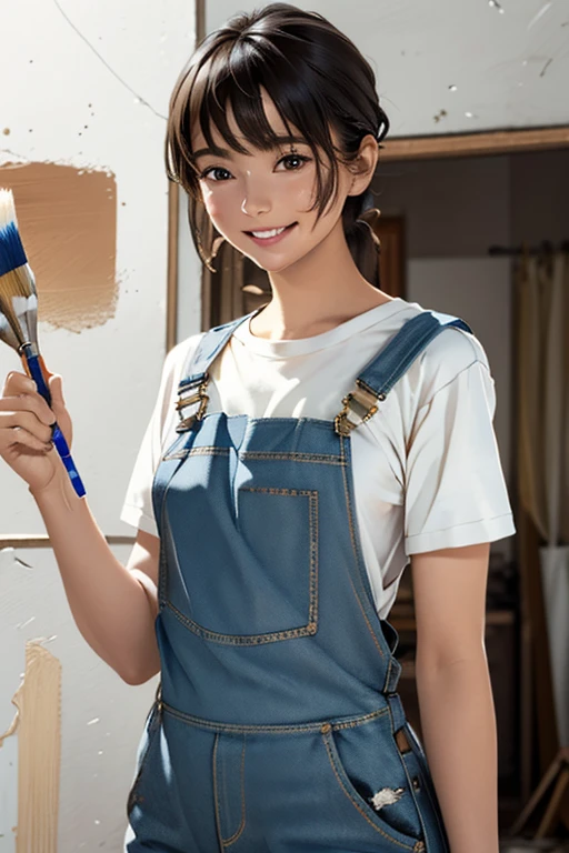 Highest quality　High resolution　Simple　White overalls work clothes　A woman holding a paint can and a brush　There is a little paint on the clothes or body.　Abandoned house　20 years old　cute　smile