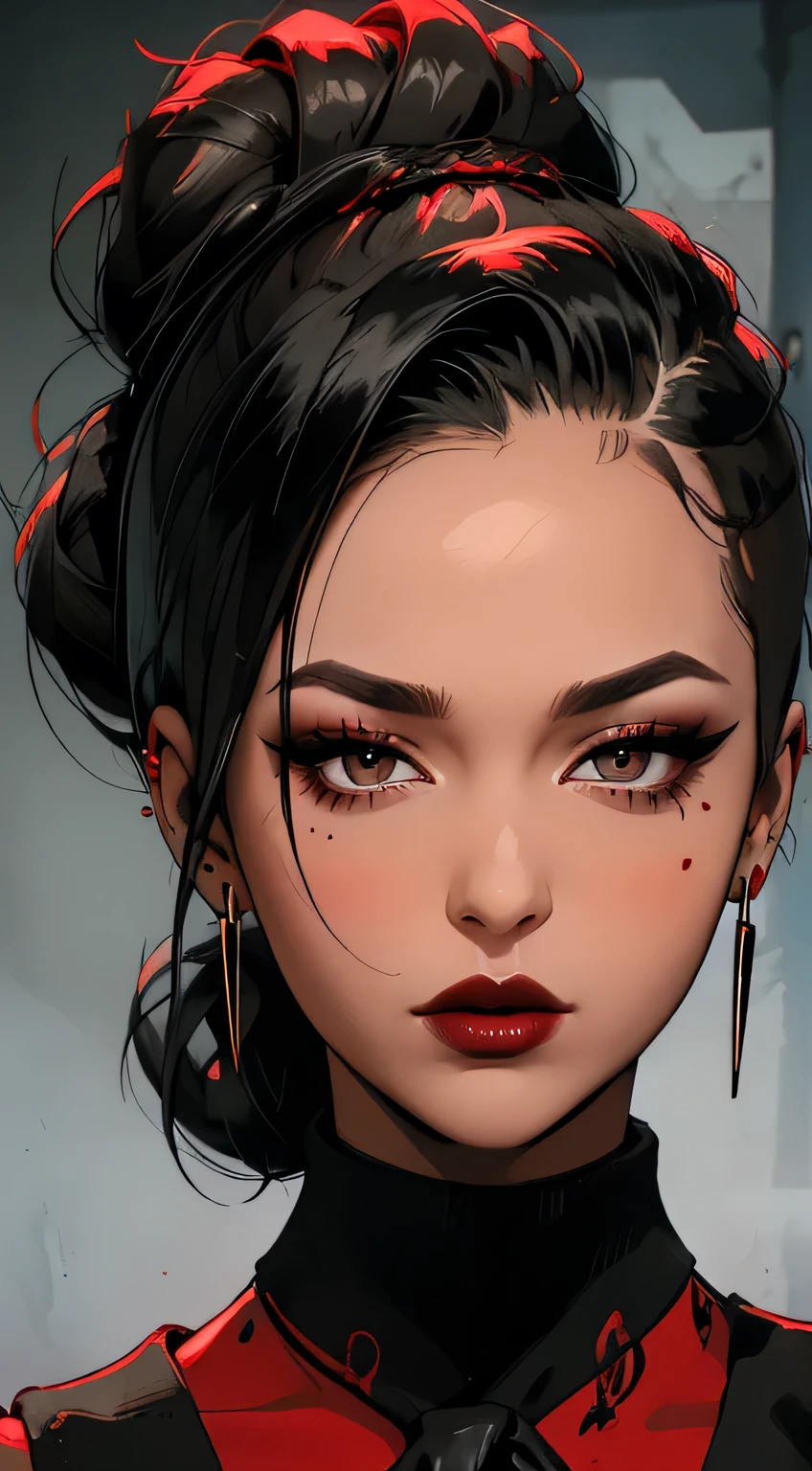 Amazing portrait of a sexy woman with her hair tied back in a high bun with her eyes emphasised by smokey eyeliner gazing at us seductively with her perfect lips parted wearing a red dress with black laces and fishnets