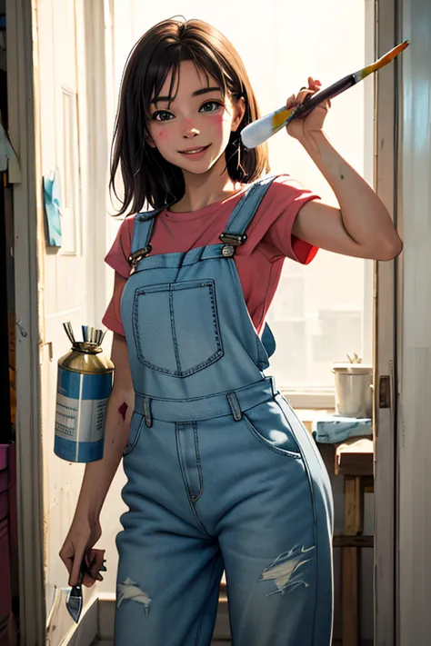 highest quality　high resolution　simple　white overalls work clothes　a woman holding a paint can and a brush　there is a little pai...