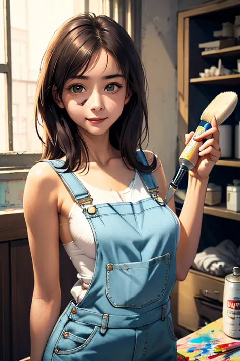 highest quality　high resolution　simple　white overalls work clothes　a woman holding a paint can and a brush　there is a little pai...