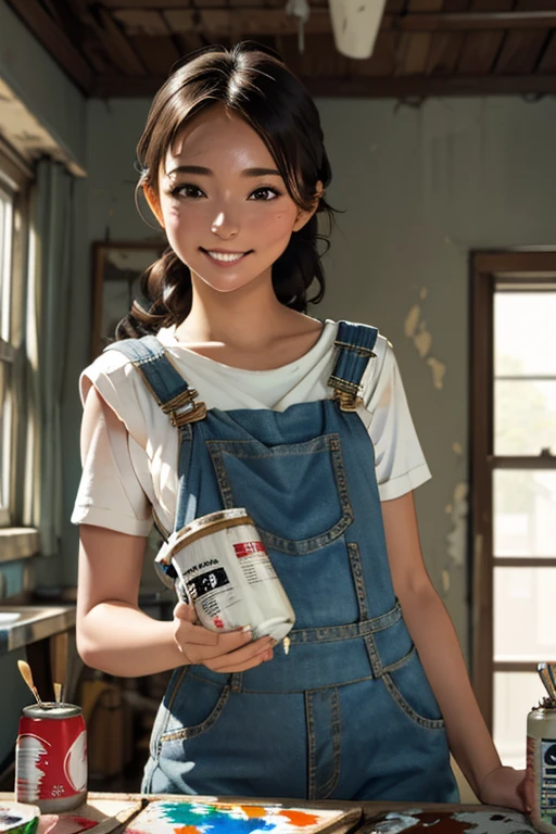 Highest quality　High resolution　Simple　White overalls work clothes　A woman holding a paint can and a brush　There is a little paint on the clothes or body.　Abandoned house　20 years old　cute　smile