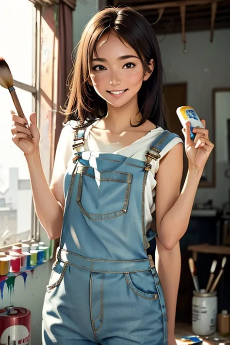 highest quality　high resolution　simple　white overalls work clothes　a woman holding a paint can and a brush　there is a little pai...