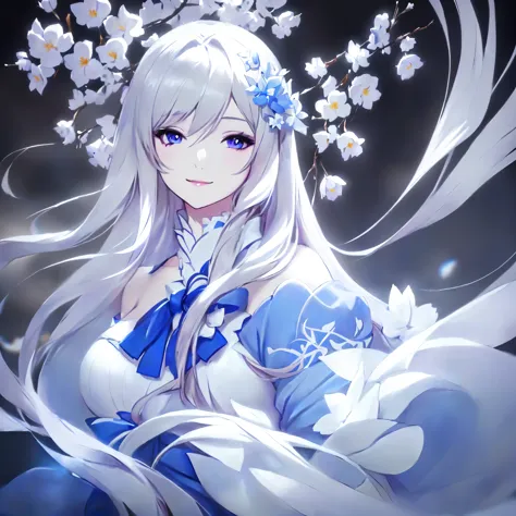 anime girl with long white hair and blue dress with white flowers, violet eyes, smile., detailed fanart, [ artedigital 4k ]!!, h...