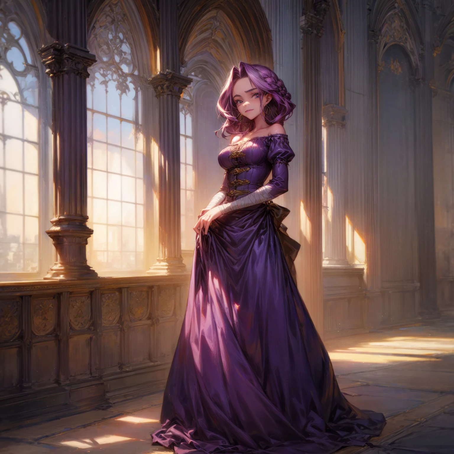 Solo character, full body version, detailed background, detailed clothing, detailed hair, detailed face detailed gesture, young girl, lavender color hair, long haircut, long dress Victorian, blue color dress, yellow long skirt, sandals, bandage, hoop earrings, indoor, inn medieval, sad eyes, smile mouth, standing gesture, Medium Breast, Sword in hand