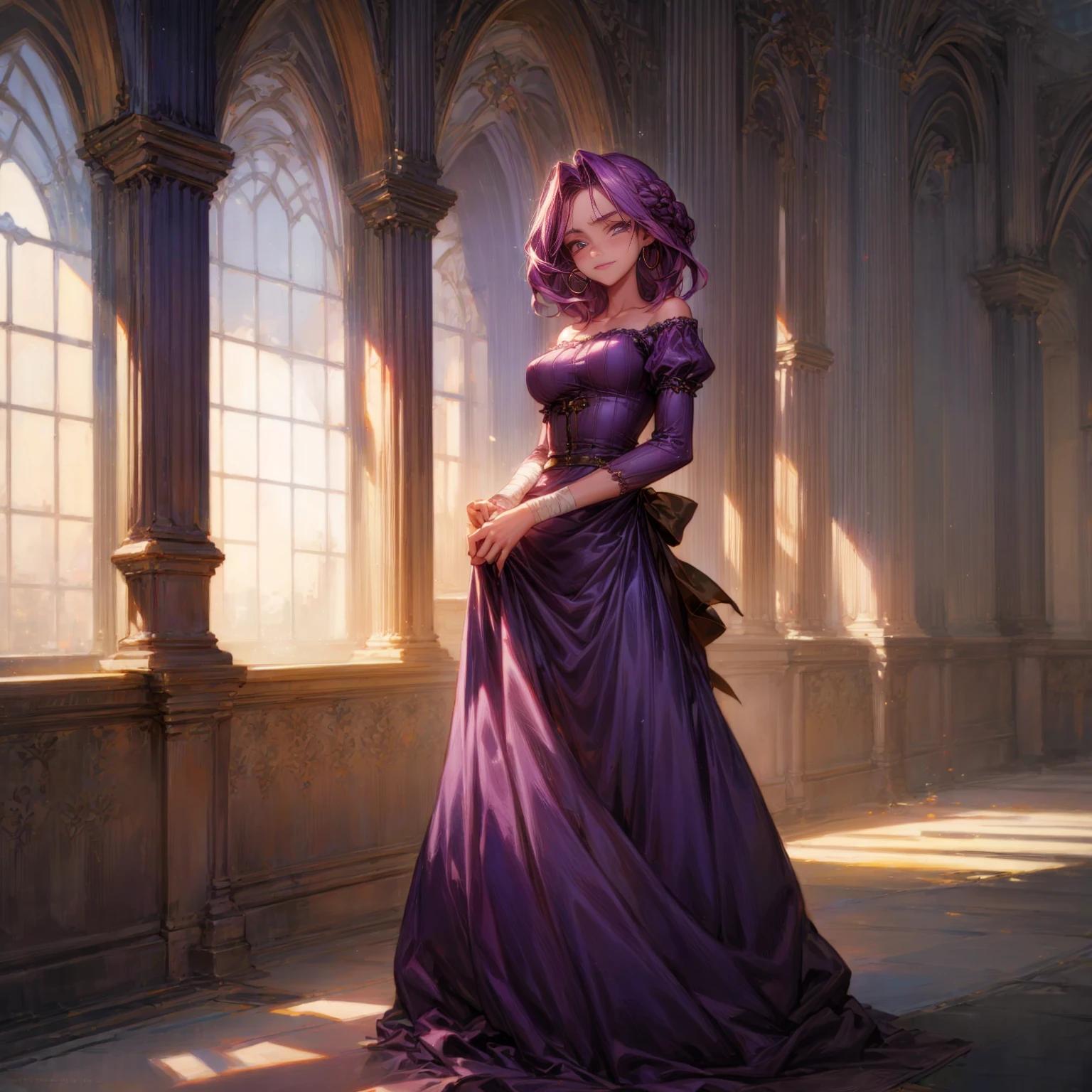 Solo character, full body version, detailed background, detailed clothing, detailed hair, detailed face detailed gesture, young girl, lavender color hair, long haircut, long dress Victorian, blue color dress, yellow long skirt, sandals, bandage, hoop earrings, indoor, inn medieval, sad eyes, smile mouth, standing gesture, Medium Breast, Sword in hand