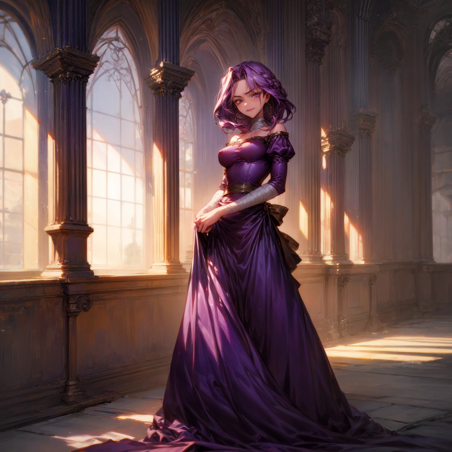 Solo character, full body version, detailed background, detailed clothing, detailed hair, detailed face detailed gesture, young girl, lavender color hair, long haircut, long dress Victorian, blue color dress, yellow long skirt, sandals, bandage, hoop earrings, indoor, inn medieval, sad eyes, smile mouth, standing gesture, Medium Breast, Sword in hand