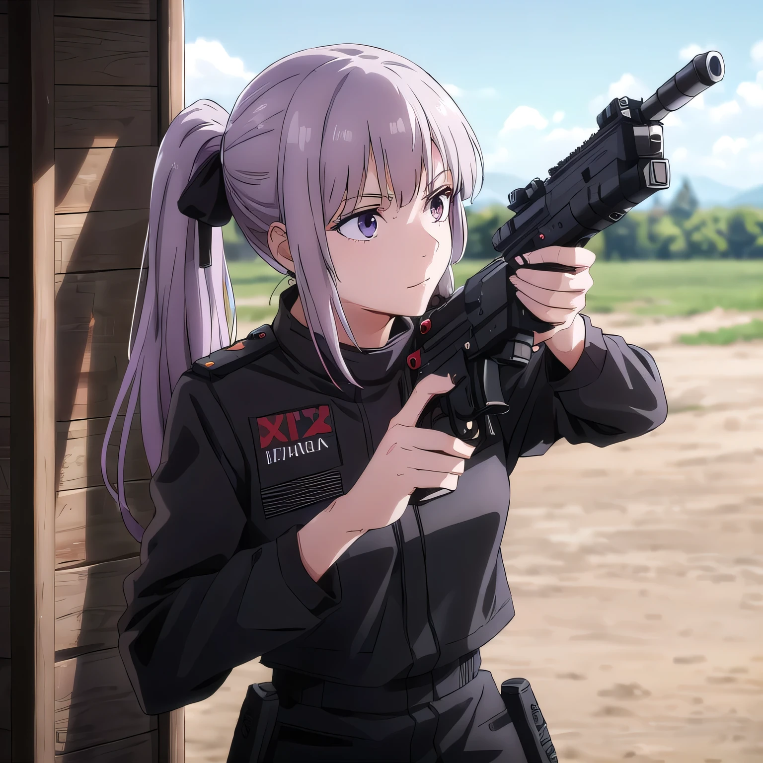 A woman with long brown hair in a ponytail, lilac eyes, wearing a black military-style outfit with a red vest, holding a paintball gun in an outdoor shooting range, realistic, photorealistic, ultra-detailed, 8K, best quality, masterpiece