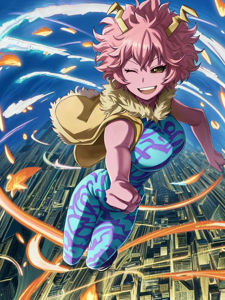 [mina ashido], [Boku no hero academia], ((masterpiece)), ((solo portrait)), ((cute)), ((High definition)), ((anime)), ((Kohei Horikoshi)), ((beautiful render art)), ((detailed shading)), ((cel shading)), ((intricate details)), {mina ashido; (pink skin), (curly yellow horns), long eyelashes, eyes closed, curly pink hair, short eyelashes, very large boobs, (beautiful slightly muscular legs), (excited smile), (white teeth), (blushing)}, {(hero costume), (bodysuit), (yellow sleeveless jacket), (fluffy collar)}, {(dynamic pose), (looking at viewer)}, [Background; (city), (blue sky), (sun rays)]