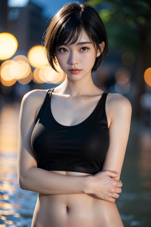 Photorealisticistic beautiful female student、18-year-old、Night view、Stunningly beautiful、Extremely high quality transparency、Beautiful body、(Highest quality、8k、32K、masterpiece、Hmph:1.3)、Ultra-high resolution,(Photorealistic:1.4),RAW Photos, Detailed face,,Beautiful Hair, ((Doctor Style)), ,Very short hair 、Very short hair、Beautiful breasts、Stunningly beautiful二重まぶた、 Natural Makeup,, Small and perfect breasts, Wet Hair、Detailed Background, Perfect lighting, Written boundary depth, Beautiful shadow gradation、Thin limbs、Thin thighs、((whole body))、((Black tank top、Naked lower body、I&#39;Not wearing pants))、Wet body、((Cooking in the kitchen))、Beautiful slim perfect body、Beautiful high nose、Trimmed thin pubic hair、Side view、