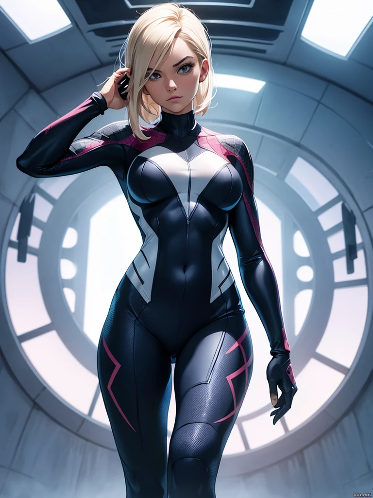 Gwen in the x-men in her new spider x-men suit,Solo, High Resolution, Masterpiece, Best Quality, High Details, High Quality, Large breasts, adult woman,