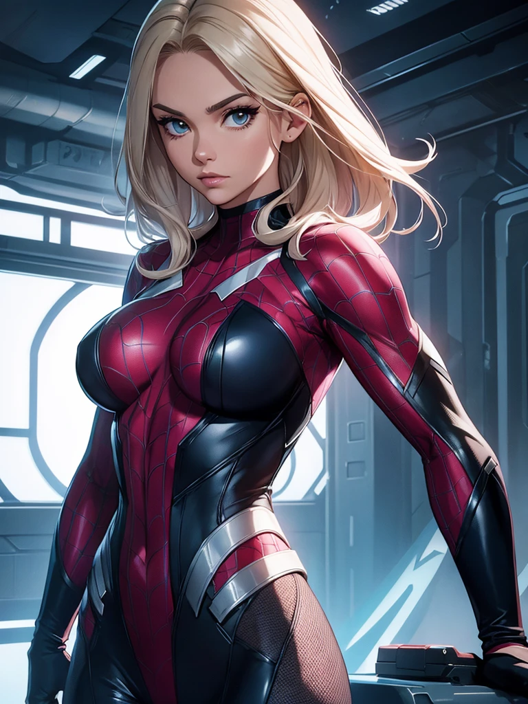 Gwen in the x-men in her new spider x-men suit,Solo, High Resolution, Masterpiece, Best Quality, High Details, High Quality, Large breasts, adult woman,