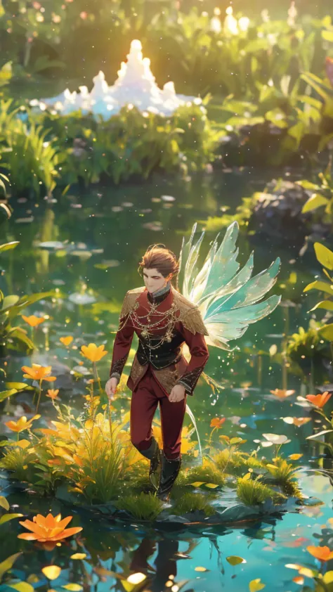 a muscular prince walking, haunting, mysterious, sadness, glowing flowers on water, dark red outfit with rainbow crystals, magic...