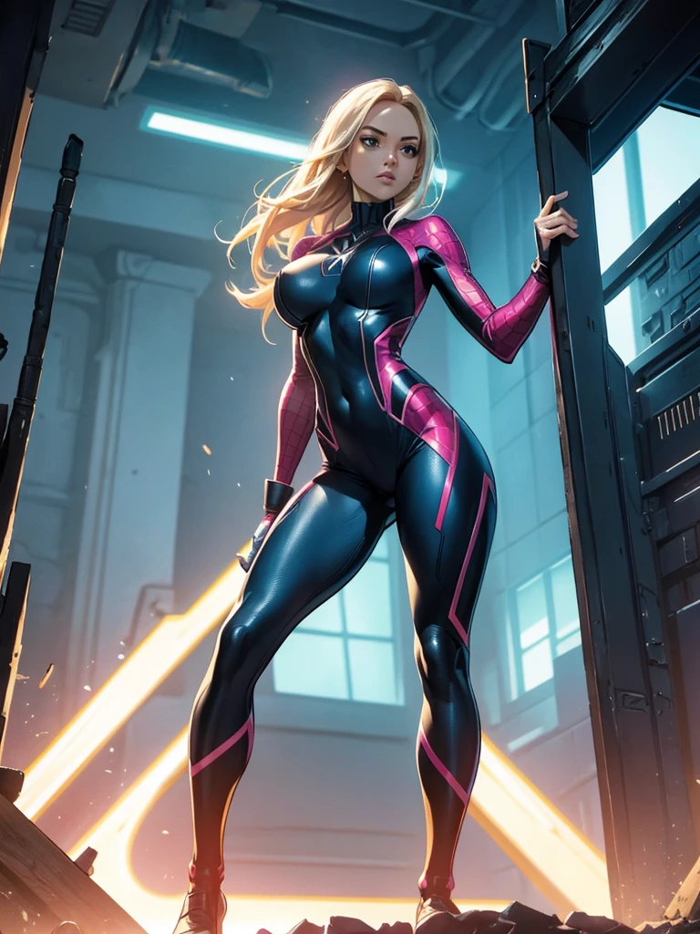 Gwen in the x-men in her new spider x-men suit,Solo, High Resolution, Masterpiece, Best Quality, High Details, High Quality, Large breasts, adult woman, character reference character sheet 
￼