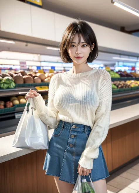 housewife、mature woman、hairstyles with long bangs、drooping eyes、tear bags、cute face、early afternoon、((i have a supermarket bag))...