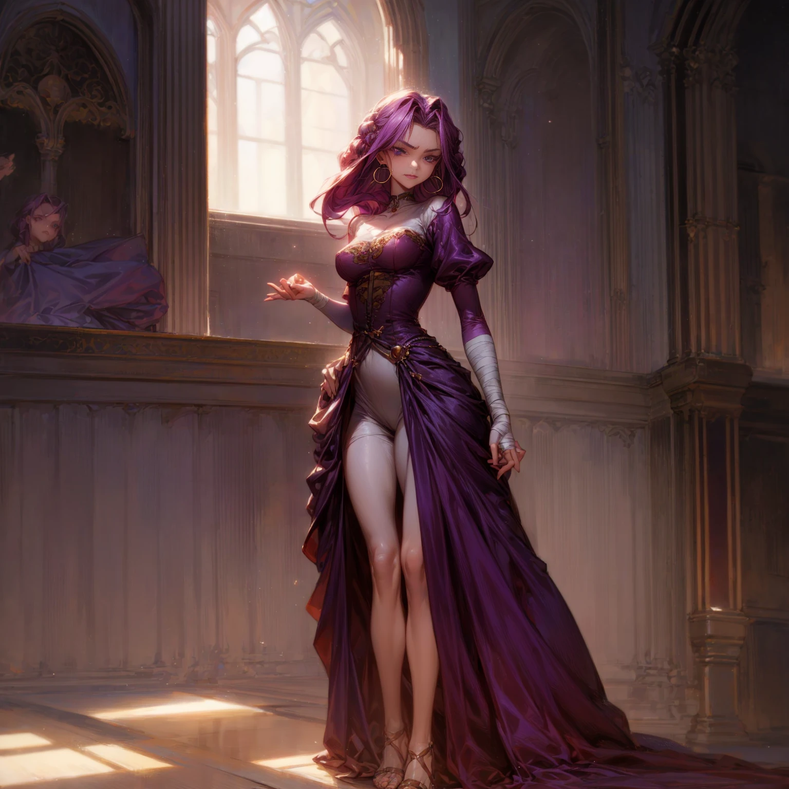 Solo character, full body version, detailed background, detailed clothing, detailed hair, detailed face detailed gesture, girl, purple eyes, lavender color hair, long haircut, long dress Victorian, red color dress, sandals, bandage, hoop earrings, indoor, inn medieval, sad eyes, smile mouth, standing gesture, Medium Breast