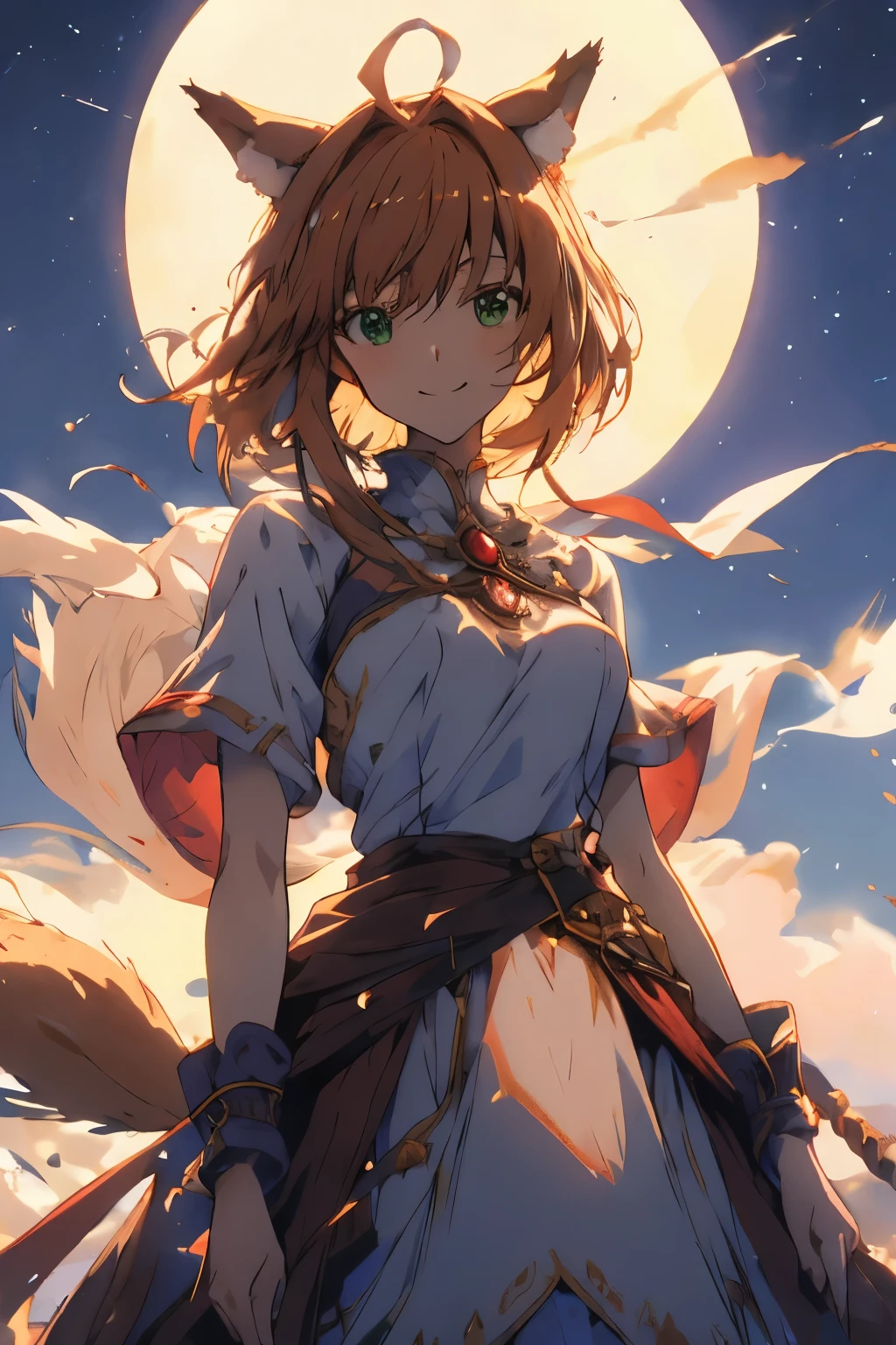 master piece, Best Quality, A high resolution, top-quality, Anime style, The best lighting, Beautiful face, kinomoto sakura, 1woman, tall, 30 years old, large breasts, light brown hair, Short hair, Antenna Hair, Green eyes, frills,  dynamic angle, wolf ears and tail, in front of a full moon, white dress, confident smile,