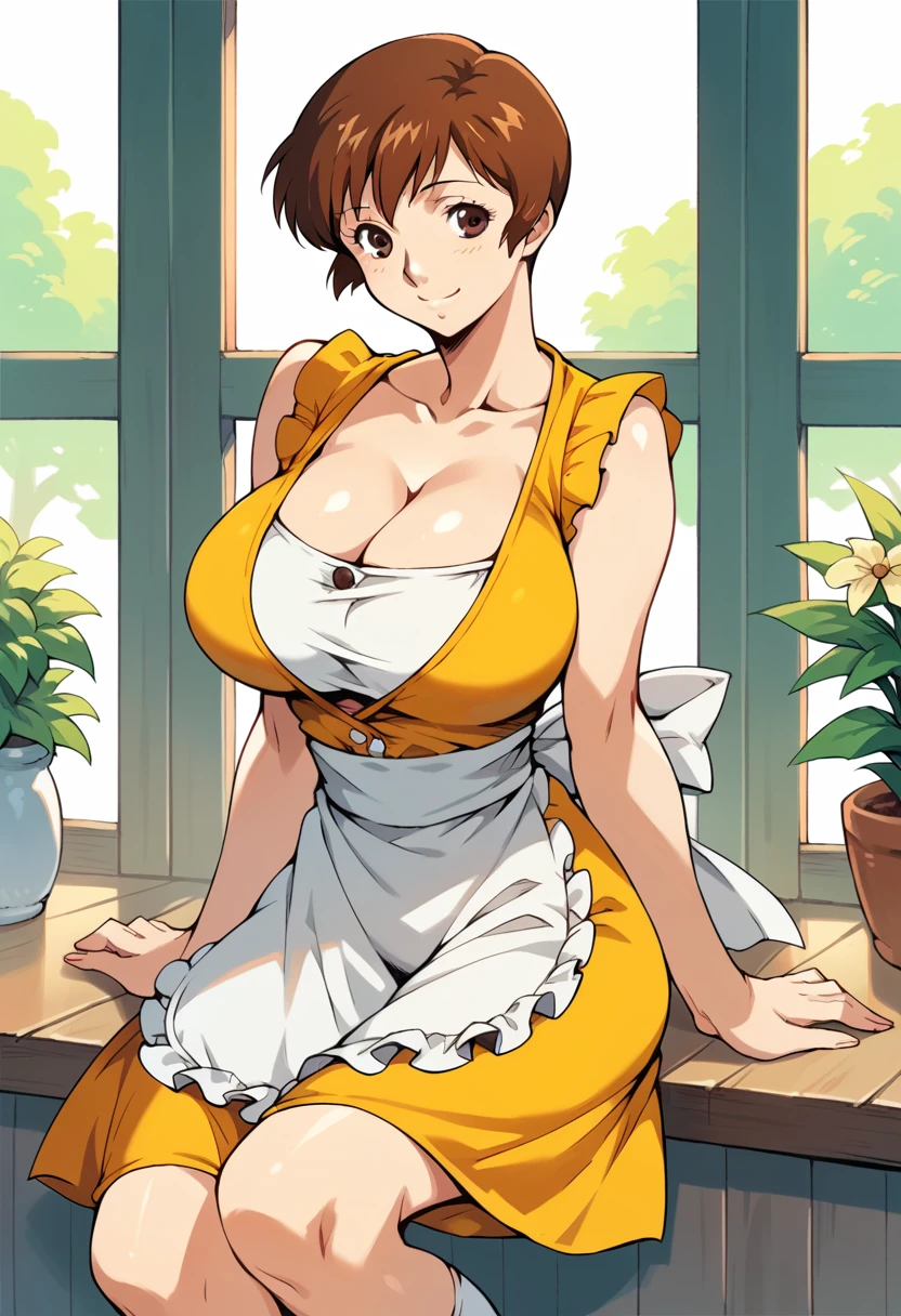 1girl,smile,etsukoto, huge breasts,short hair,brown hair,brown eyes,yellow dress, sleeveless dress, apron, white socks, mary janes