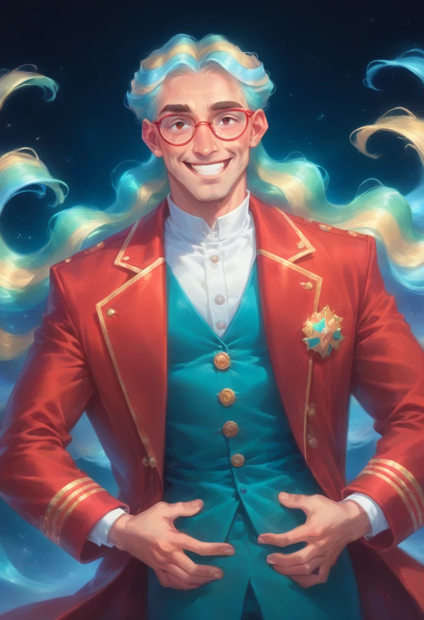 masterpiece,epic,corvid, smiling in a sadistic and disturbing way, priest's suit with red stripes, red vest under the trench coat, round red glasses, background of vapor waves,the universe in hands.