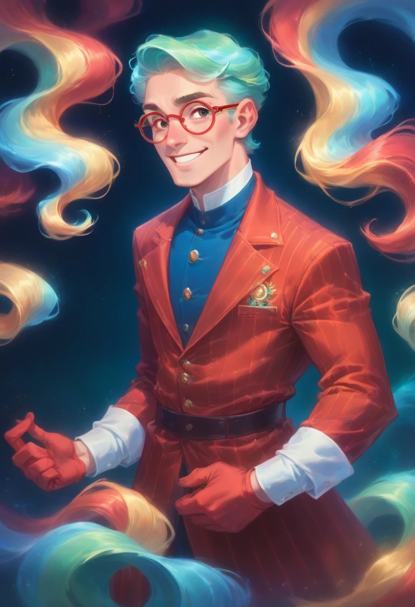 masterpiece,epic,corvid, smiling in a sadistic and disturbing way, priest's suit with red stripes, red vest under the trench coat, round red glasses, background of vapor waves,the universe in hands.