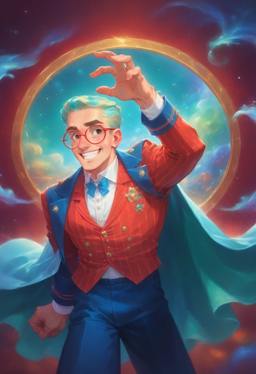 masterpiece,epic,corvid, smiling in a sadistic and disturbing way, priest's suit with red stripes, red vest under the trench coat, round red glasses, background of vapor waves,the universe in hands.