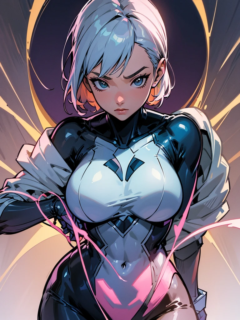 Gwen in the x-men in her new spider x-men suit,Solo, High Resolution, Masterpiece, Best Quality, High Details, High Quality, Large breasts, adult woman, character reference character sheet, x-Men logo on the suit 
￼
￼