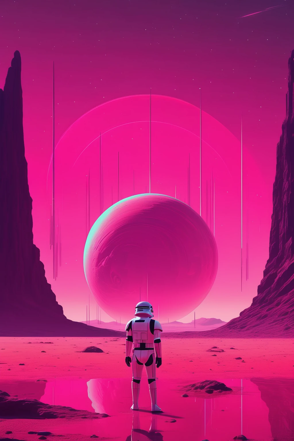 Estilo Christopher Balaskas: a planet from the Star Wars universe in the style of Wes Anderson, with a minimalist synthwave approach