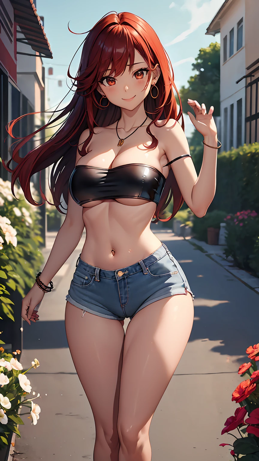 1girl, anime girl, anime, (dark skin), bracelet, necklace, earrings, 2d girl, 18y, (fullbody), standing, anime girl, seductive smile, (red hair), flowing hair, hair flowing in the wind, ((black latex,tube top,strapless)), ((underboob view)), cleavage, Solo, Slim, Big Breasts, Tight Shorts, low waist shorts, upshorts, outdoors, night background, flowers, looking at viewer, darker shadows, (((Wedgie))), (((explicit))), (((shorts))), (((absurdres))), (((thigh gap))), (((cameltoe))), (((lowleg shorts))), (((sexy))), (((sensual))), (((Detailed description vagina))), (Raise one leg wide), (((Tube Top))), (((Strapless)))