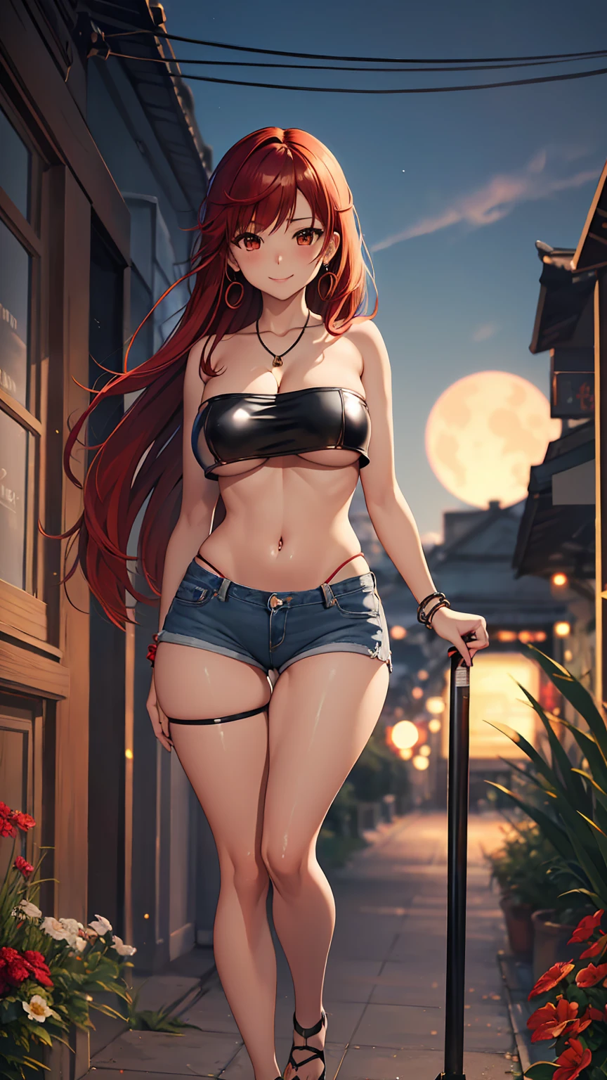 1girl, anime girl, anime, (dark skin), bracelet, necklace, earrings, 2d girl, 18y, (fullbody), standing, anime girl, seductive smile, (red hair), flowing hair, hair flowing in the wind, ((black latex,tube top,strapless)), ((underboob view)), cleavage, Solo, Slim, Big Breasts, Tight Shorts, low waist shorts, upshorts, outdoors, night background, flowers, looking at viewer, darker shadows, (((Wedgie))), (((explicit))), (((shorts))), (((absurdres))), (((thigh gap))), (((cameltoe))), (((lowleg shorts))), (((sexy))), (((sensual))), (((Detailed description vagina))), (Raise one leg wide), (((Tube Top))), (((Strapless)))