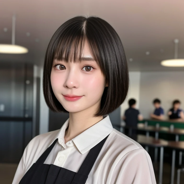 (kawaii 18 year-old Japanese girl, Nogizaka idol, Korean idol, highschool student), healthy female athlete body, (glossy black hair, short hair, pixie cut, bangs:1.3), (rounded face, beautiful black eyes, single eyelid, no makeup, looking at something out of frame:1.2), (collared shirt unbuttoned, apron:1.3), extra small breasts, BREAK, (traditional europian cafeteria background, working at the cafeteria:1.2), (dynamic angle, bust shot:1.2),  BREAK, (masterpiece, best quality, photo realistic, official art:1.4), (UHD, 8K quality wallpaper, high resolution, raw photo, golden ratio:1.3), (shiny skin), professional lighting, physically based rendering, award winning, (highly detailed skin, extremely detailed face and eyes), Carl Zeiss 85 mm F/1.4, depth of field, 1girl, solo,