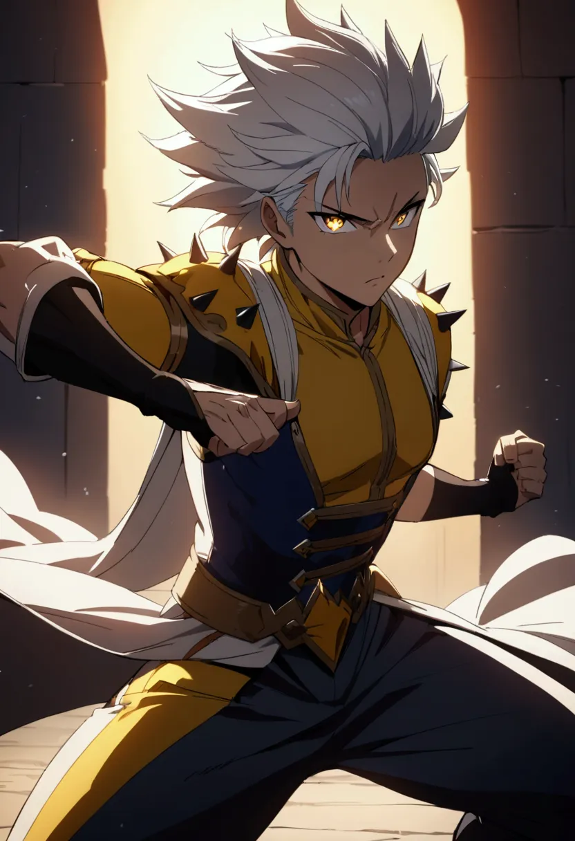 a guy in a fighting stance, snow white hair, spikey hair, short hair, hair flows back, sparkling eyes, yellow eyes, toned build,...