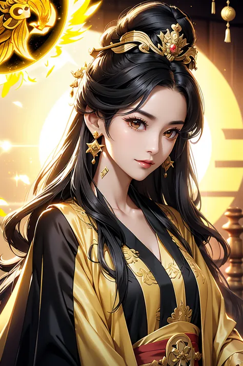 Black Hair, Immortal, Beauty, Royal sister, Stepmother, Gold Yellow Taoist robe, Golden Phoenix Coronet, Hair Bunch, Beautiful  ...